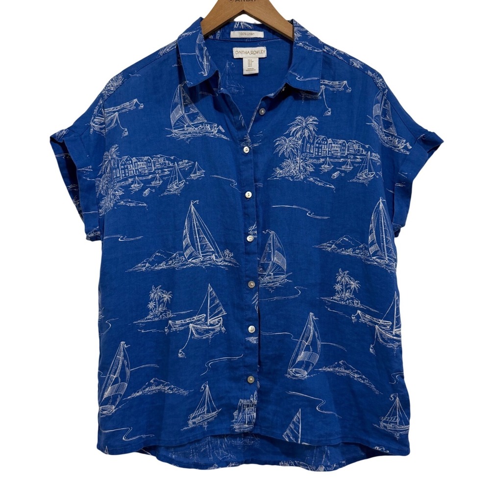 Cynthia Rowley Blue 100% Linen Nautical Sailboat Button Down Shirt Women's Small